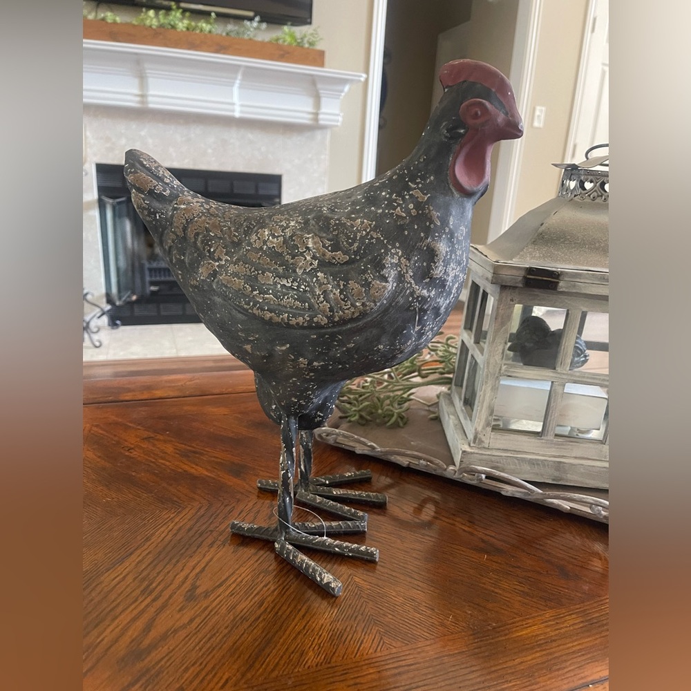 Unique primitive folk art metal chicken sculpture rooster